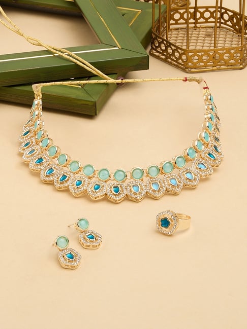 Zaveri Pearls Turquoise Austrian Diamonds Choker Necklace Earring Ring  Set-ZPFK17603