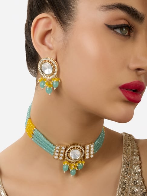 Buy Zaveri Pearls Turquoise Blue Yellow Necklace Earring Set