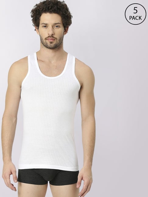 Frenchie White Cotton Skinny Fit Vest - Pack Of 5