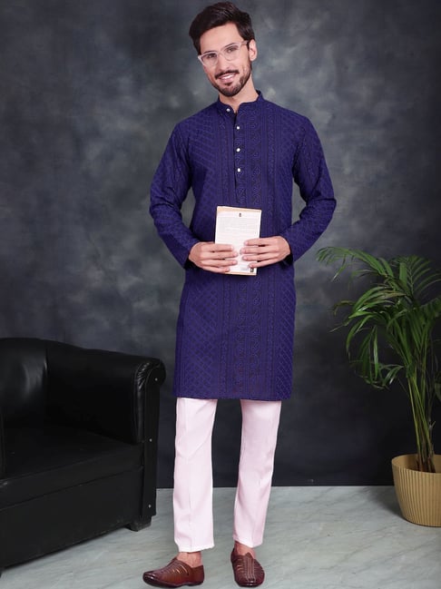 Jompers Navy & White Regular Fit Embroidered Kurta Bottom Set
