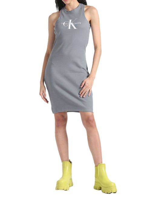 Calvin Klein Overcast Grey Logo Fitted Dress