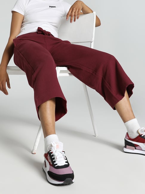 Puma Red Cotton Textured Pattern Sports Cropped Track Pants-picture-40