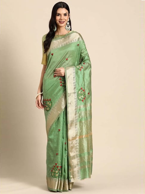 Buy SERONA FABRICS Green Embroidered Saree With Unstitched Blouse