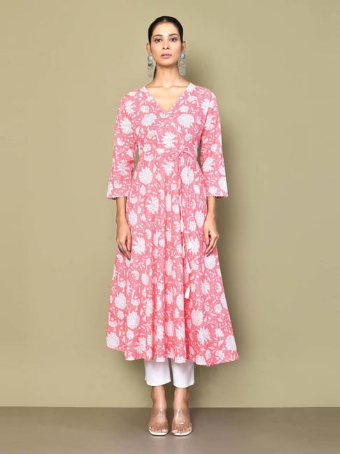 Miravan Pink Cotton Printed Angrakha Kurta-picture-28