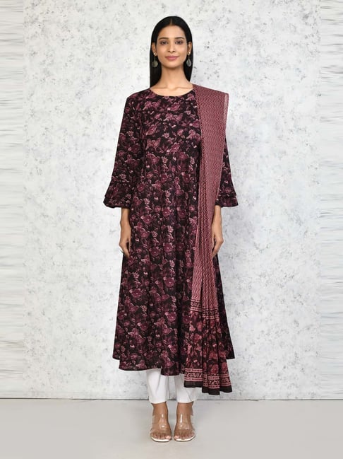 Miravan Maroon Cotton Printed Anarkali Kurta With Dupatta-picture-19