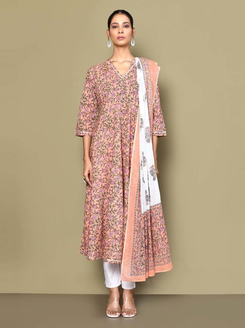 Miravan Orange Cotton Printed Anarkali Kurta With Dupatta-picture-27