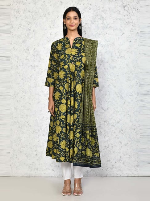 Miravan Green Cotton Printed Anarkali Kurta With Dupatta-picture-45