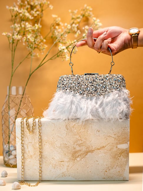 NR by Nidhi Rathi White Fabric Embellished Clutch-picture-24