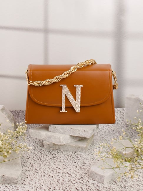 NR by Nidhi Rathi Tan Leather Embellished Clutch