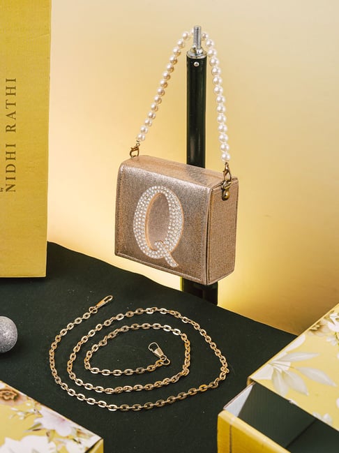 NR by Nidhi Rathi Golden Leather Embellished Clutch