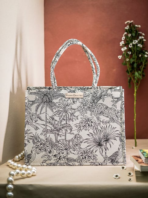 NR by Nidhi Rathi White Fabric Printed Tote Handbag-picture-33