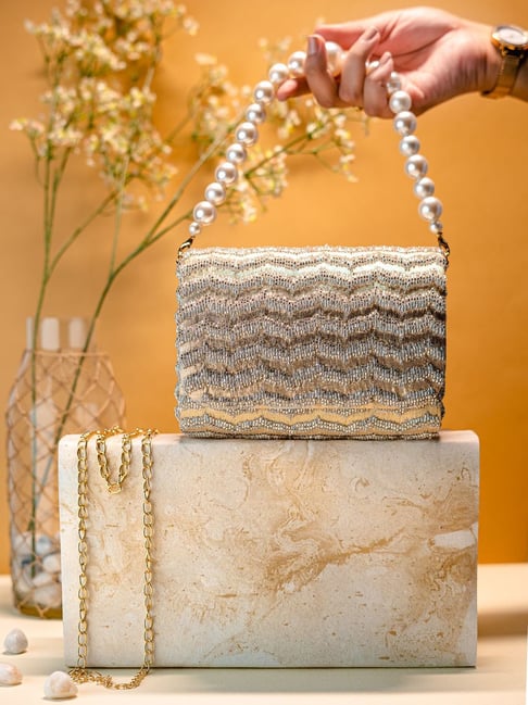 NR by Nidhi Rathi Gold Fabric Embellished Clutch-picture-37