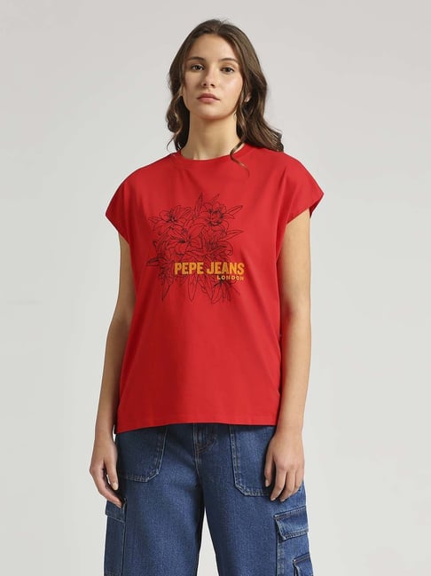 Pepe Jeans Red Cotton Printed T-Shirt