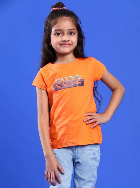 Tales Stories Kids Orange Lilac Cotton Embellished T-Shirt