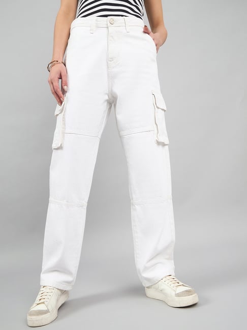 Buy Style Quotient White Cotton Straight Fit High Rise Cargo Jeans