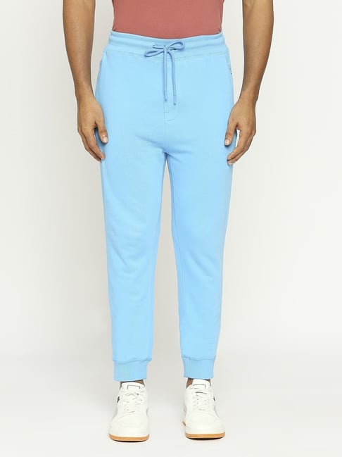 Buy Basics Mid Blue Cotton Jogger Fit Texture Joggers for Mens