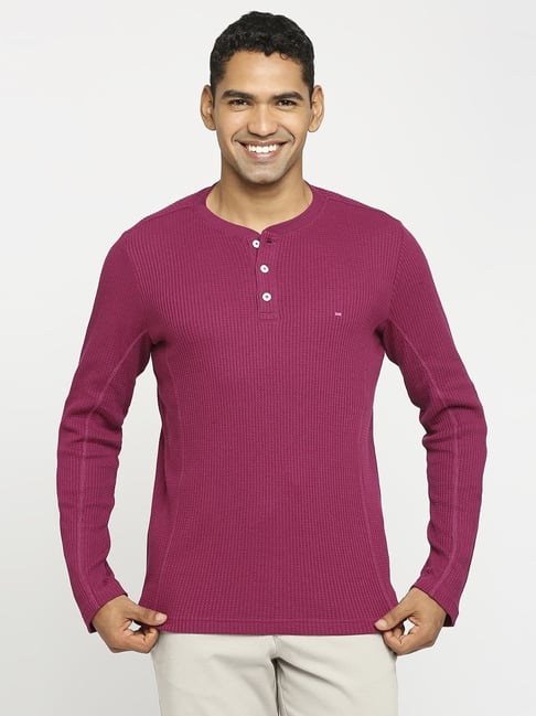 Basics Pink Cotton Muscle Fit Texture Henley T-Shirt