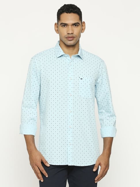 Basics Blue Cotton Slim Fit Printed Shirt-picture-30
