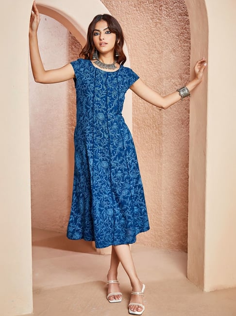 Biba Blue Floral Print A Line Dress