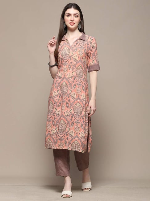 Biba Peach & Brown Printed Kurta Pant Set-picture-39