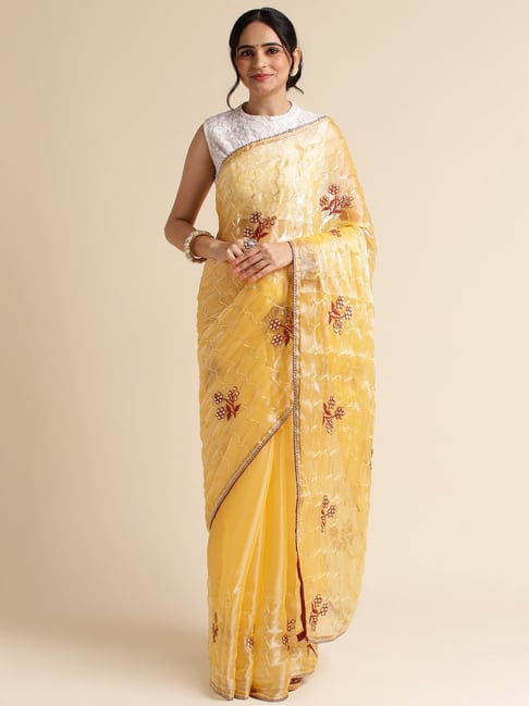FABMORA Yellow Embroidered Saree With Unstitched Blouse-picture-11