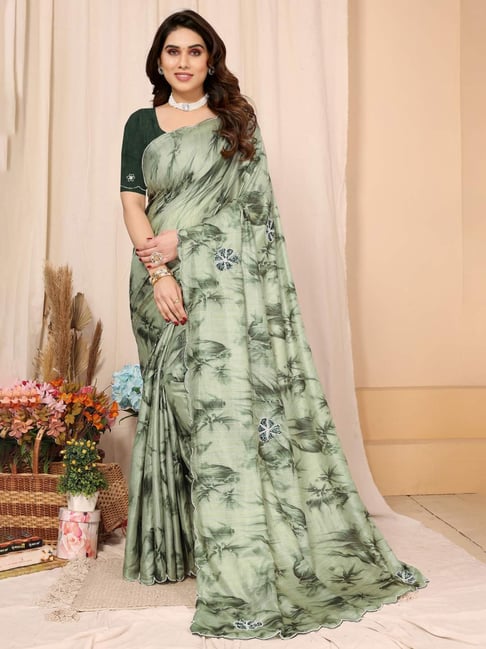 FABMORA Green Printed Saree With Unstitched Blouse-picture-26