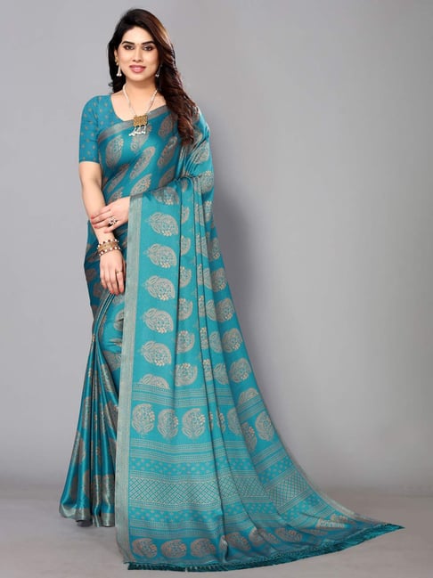 FABMORA Teal Blue Floral Print Saree With Unstitched Blouse-picture-45