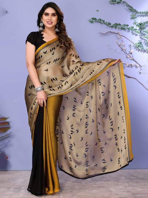 FABMORA Yellow & Black Printed Saree With Unstitched Blouse-picture-12