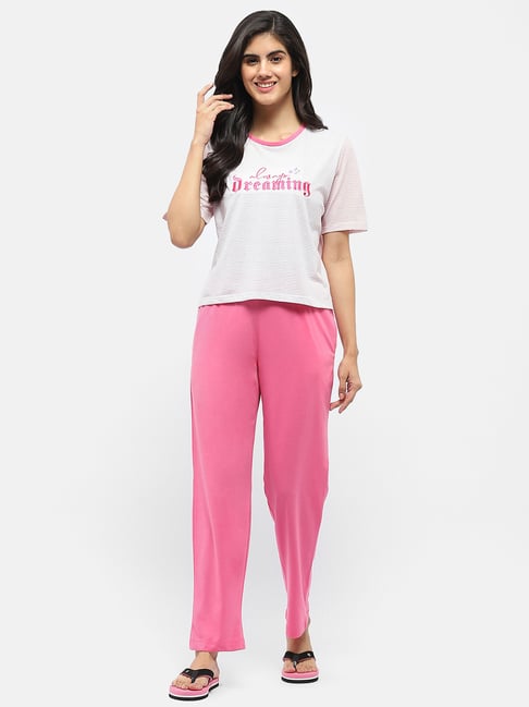 MADAME M Secret Pink & White Cotton Graphic Print T-Shirt With Pyjamas-picture-38