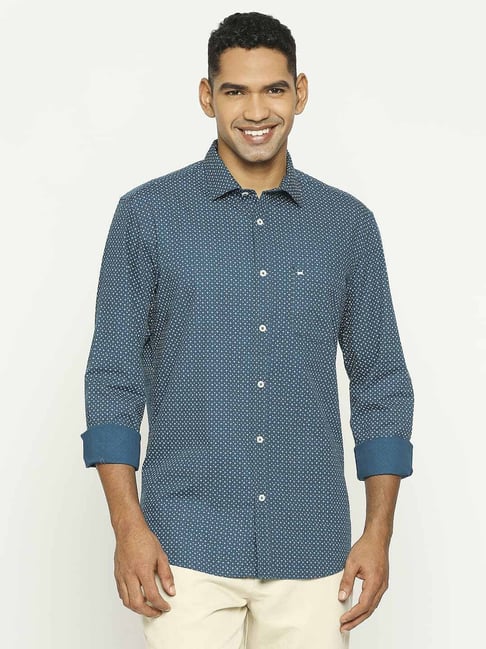 Basics Blue Cotton Slim Fit Printed Shirt-picture-29