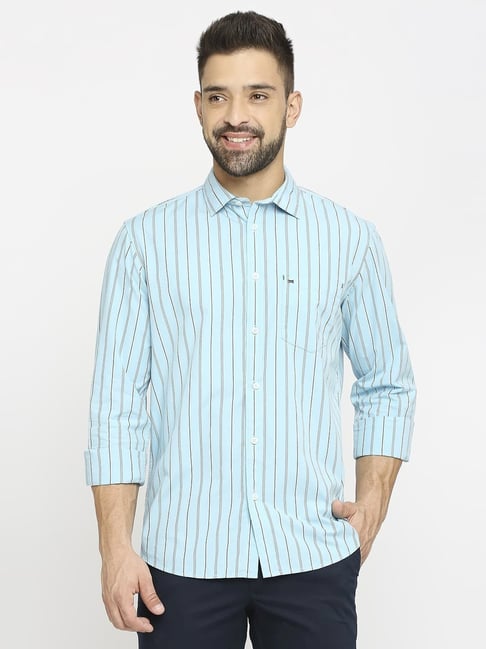 Basics Blue Cotton Slim Fit Striped Shirt-picture-31