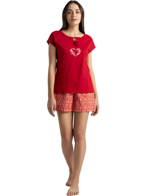 Van Heusen Red & Orange Cotton Floral Print T-Shirt Shorts Set-picture-34