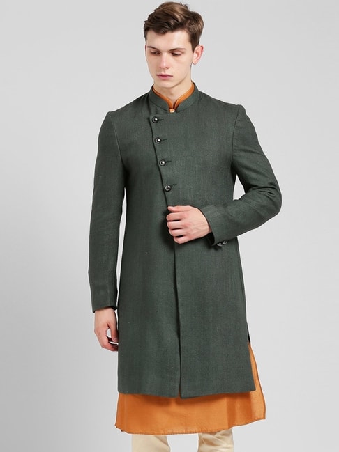 Kisah Green Regular Fit Texture Sherwani Jacket