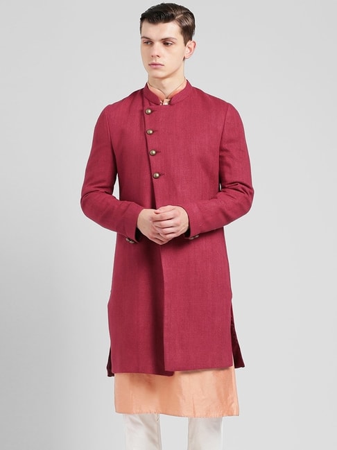 Kisah Red Regular Fit Texture Sherwani Jacket