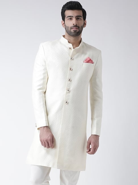 Kisah White Regular Fit Printed Sherwani Jacket