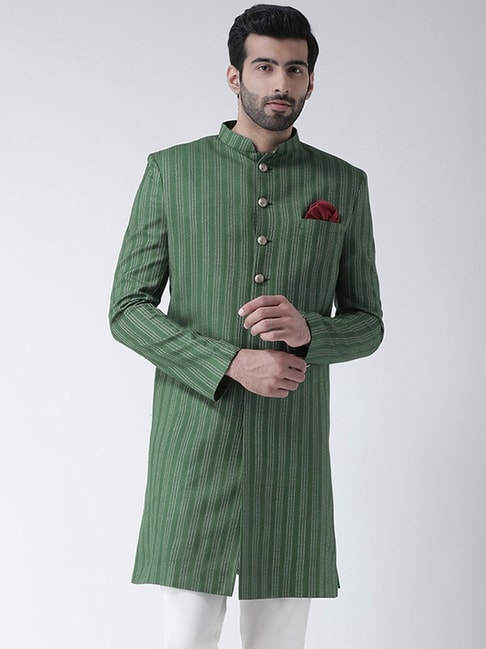 Kisah Green Regular Fit Striped Sherwani Jacket