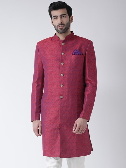 Kisah Red Regular Fit Printed Sherwani Jacket