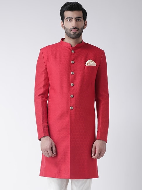 Kisah Red Regular Fit Self Pattern Sherwani Jacket