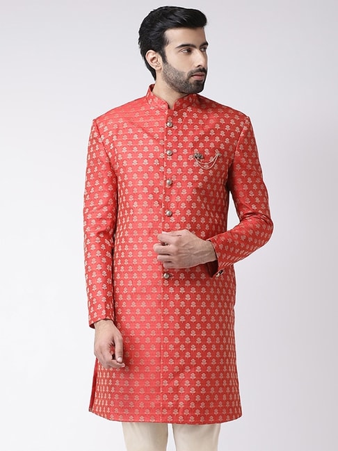 Kisah Red Regular Fit Printed Sherwani Jacket