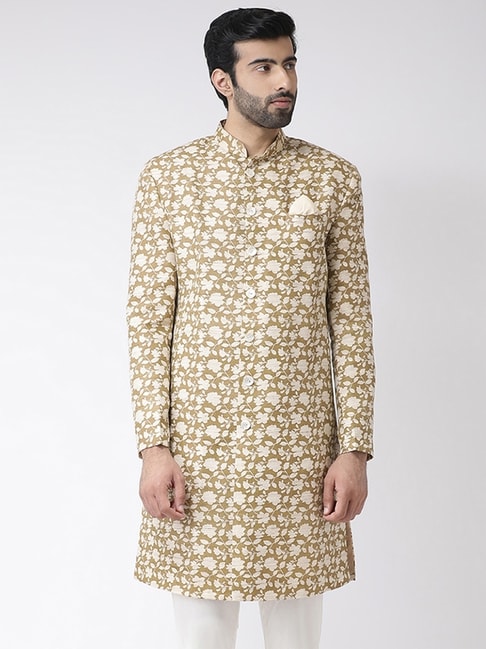 Kisah Beige Regular Fit Printed Sherwani Jacket