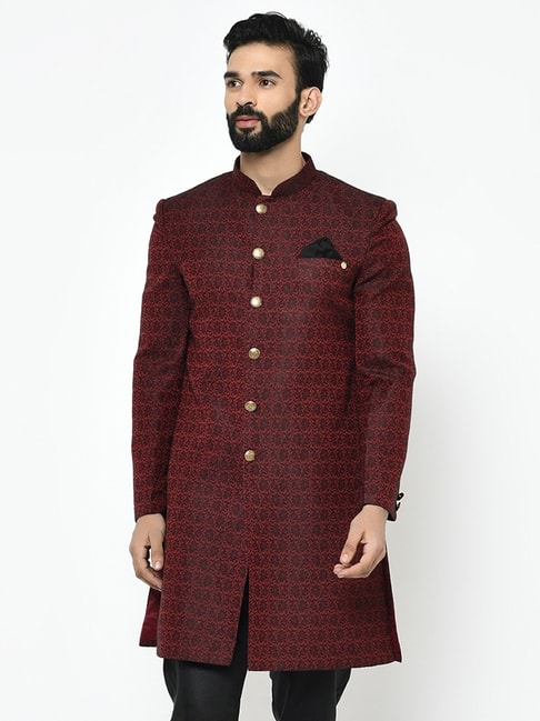 Kisah Maroon Regular Fit Embroidered Sherwani Jacket