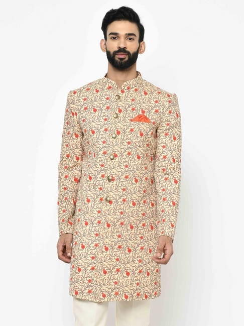 Kisah Orange Regular Fit Printed Sherwani Jacket