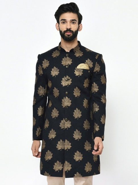 Kisah Black Regular Fit Embroidered Sherwani Jacket