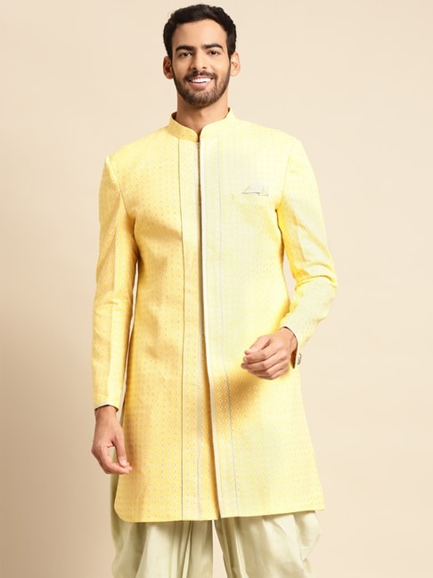 Kisah Yellow Regular Fit Printed Sherwani Jacket