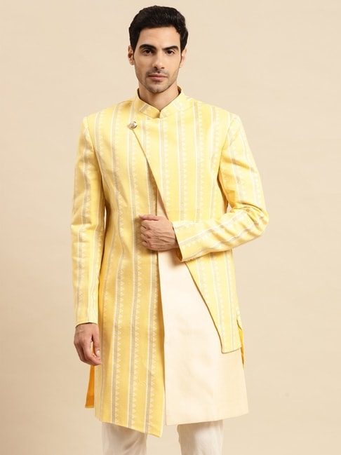 Kisah Maroon Regular Fit Striped Sherwani Jacket