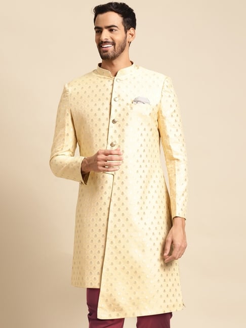 Kisah Yellow Regular Fit Embroidered Sherwani Jacket