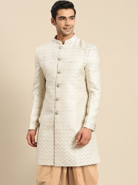 Kisah White Regular Fit Self Pattern Sherwani Jacket