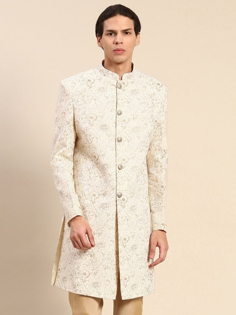 Kisah White Regular Fit Printed Sherwani Jacket