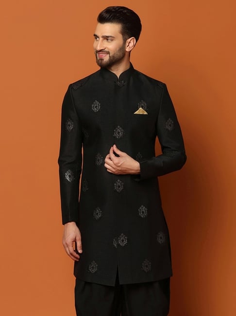 Kisah Black Regular Fit Self Pattern Sherwani Jacket