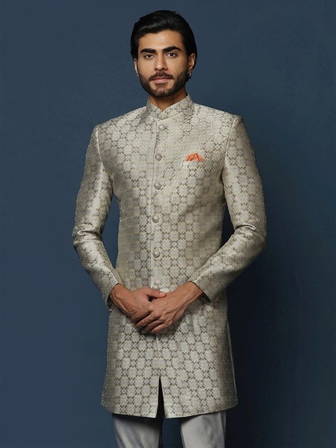 Kisah Grey Regular Fit Self Pattern Sherwani Jacket